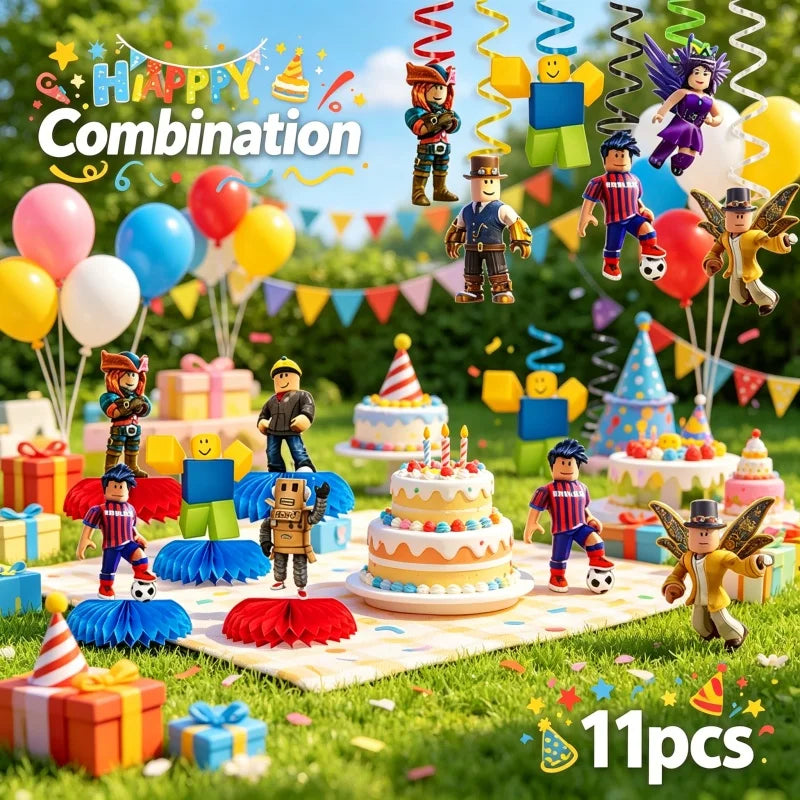 A colorful set of robot themed disposable party supplies including figures, cake, and decorations for a celebration.