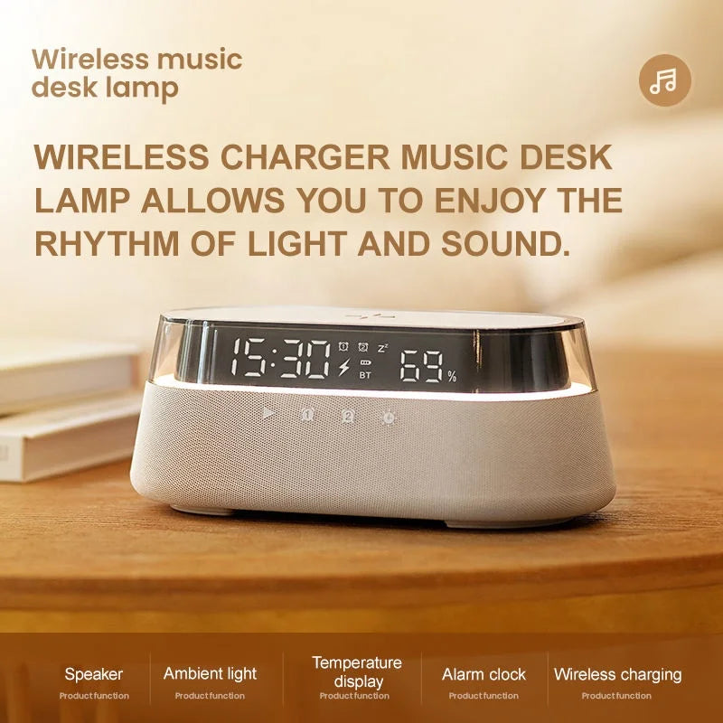 A white wireless charger music desk lamp with a digital display is shown on a wooden surface.
