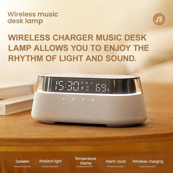 A white wireless charger music desk lamp with a digital display is shown on a wooden surface.