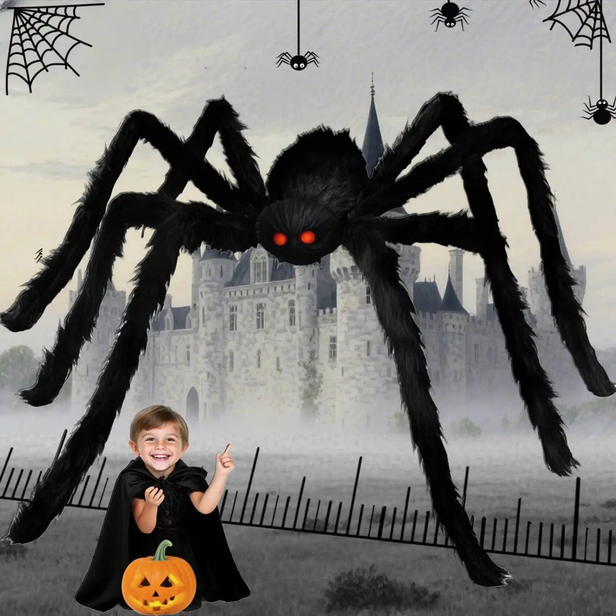 A giant black plush spider looms over a young boy in front of a castle and a fence.
