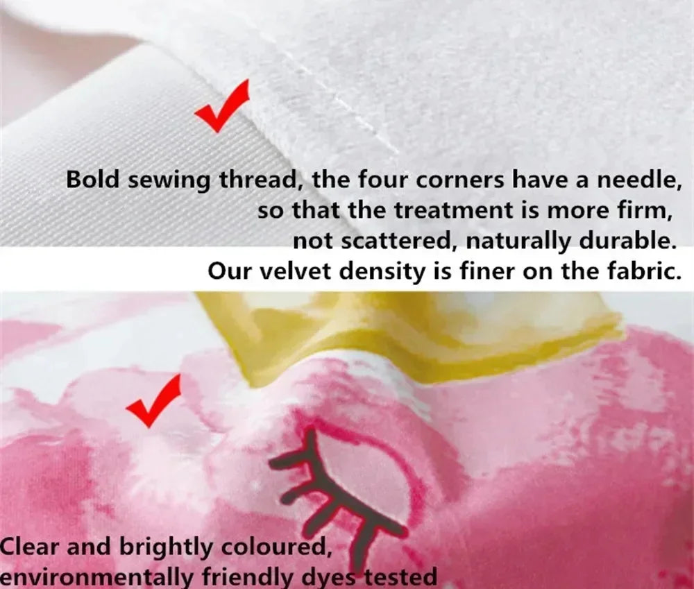 Close-up of a pink fabric showing bold sewing thread and bright, environmentally friendly dyed colors.