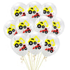 A bunch of white latex balloons featuring yellow construction tractors and red excavators.