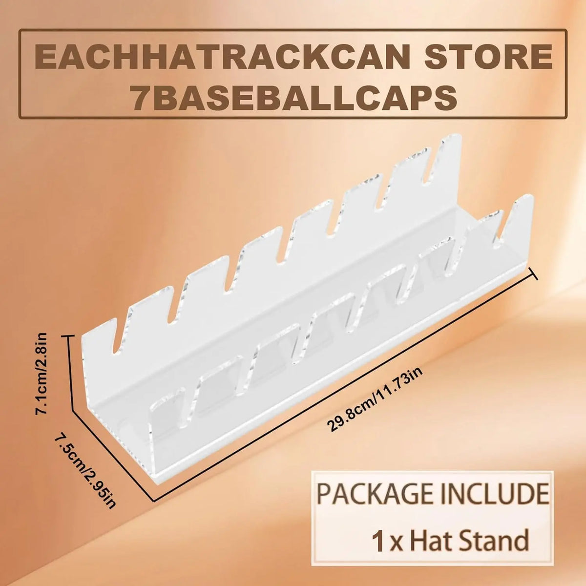 A white acrylic organizer rack designed to store seven baseball caps, shown in a top-down view with dimensions.