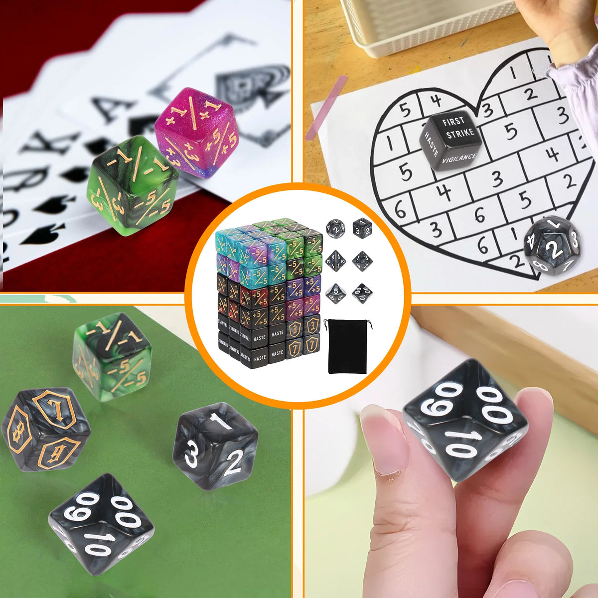 A collection of acrylic plus and minus dice in various colors and shapes scattered on a red surface and white paper.