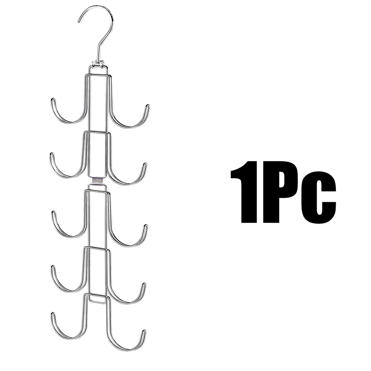 A silver 5-tier rotating organizer hanger with swivel hooks.