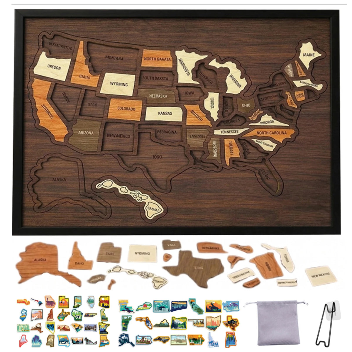 Holz-USA-Landkarte Puzzle mit Staaten und Regionen sowie kleinen Holzgegenständen und Aufklebern