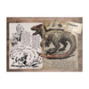 A vintage sketch featuring a Tyrannus dinosaur illustration on aged paper against a wooden background.