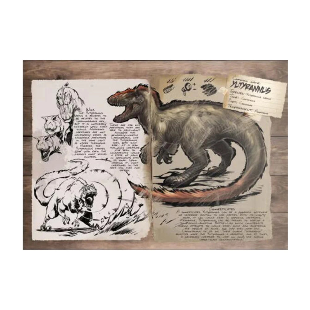 A vintage sketch featuring a Tyrannus dinosaur illustration on aged paper against a wooden background.