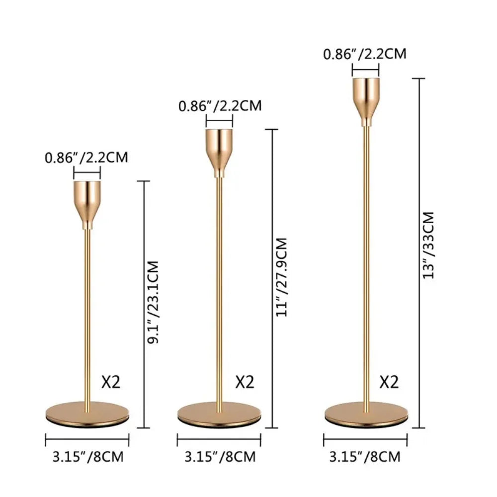 Set of three rose gold metal taper candle holders with 13-inch height and 3.15-inch bases.