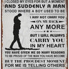 A distressed metal sign with text about a son and father, featuring silhouettes of a man and a boy.