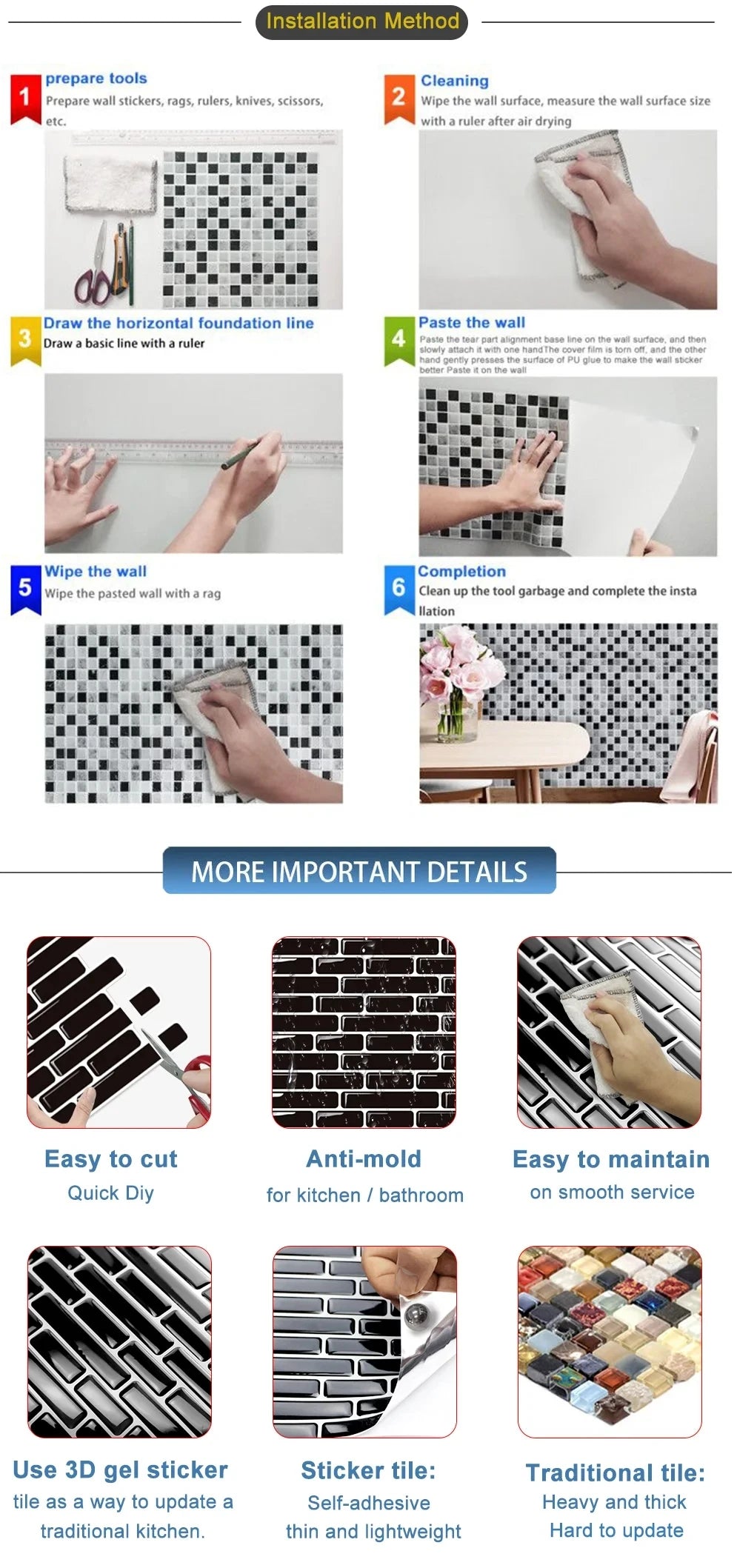 Instructions for installing peel-and-stick waterproof wall tiles, showing preparation, application, and completion.