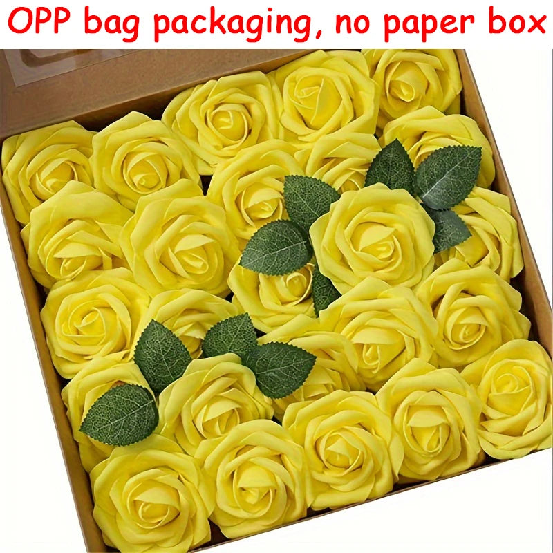 A box filled with yellow artificial rose flowers packaged in plastic bags for DIY decor