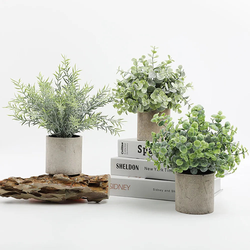 A potted eucalyptus plant in a rustic gray ceramic pot next to a stack of books.