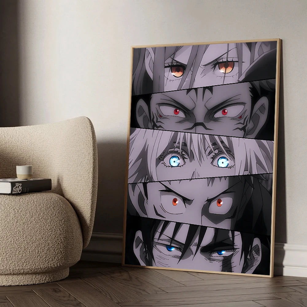 A vertical canvas poster featuring a collage of intense Jujutsu Kaisen characters with varied expressions and hair styles.