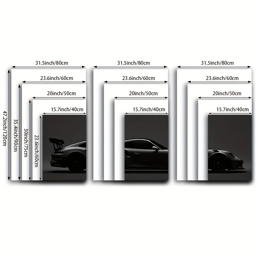 Three panels of black sports car silhouettes canvas wall art displayed side by side.