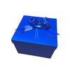 A bright blue gift box tied with a shimmering blue ribbon.
