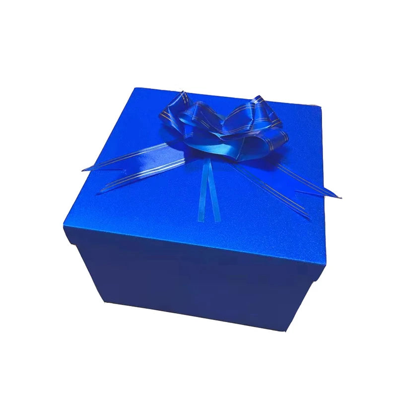 A bright blue gift box tied with a shimmering blue ribbon.