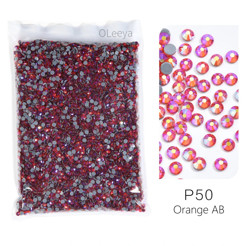 Bag of P50 Orange AB glass rhinestones with mixed sizes