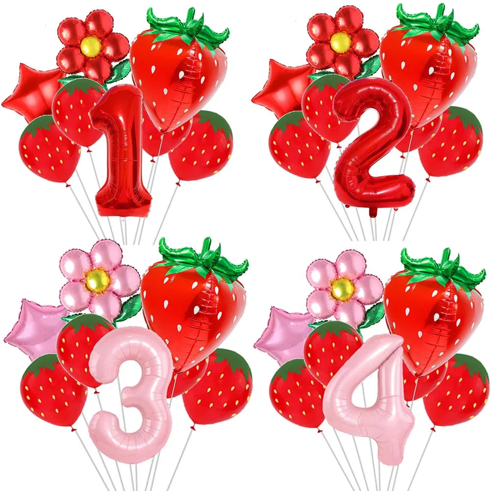 A set of red and pink balloon numbers including 1, 2, 3, and 4 shaped like strawberries for a party kit