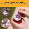 A hand opens a can using a purple portable manual can opener, demonstrating an effortless way to open cans.