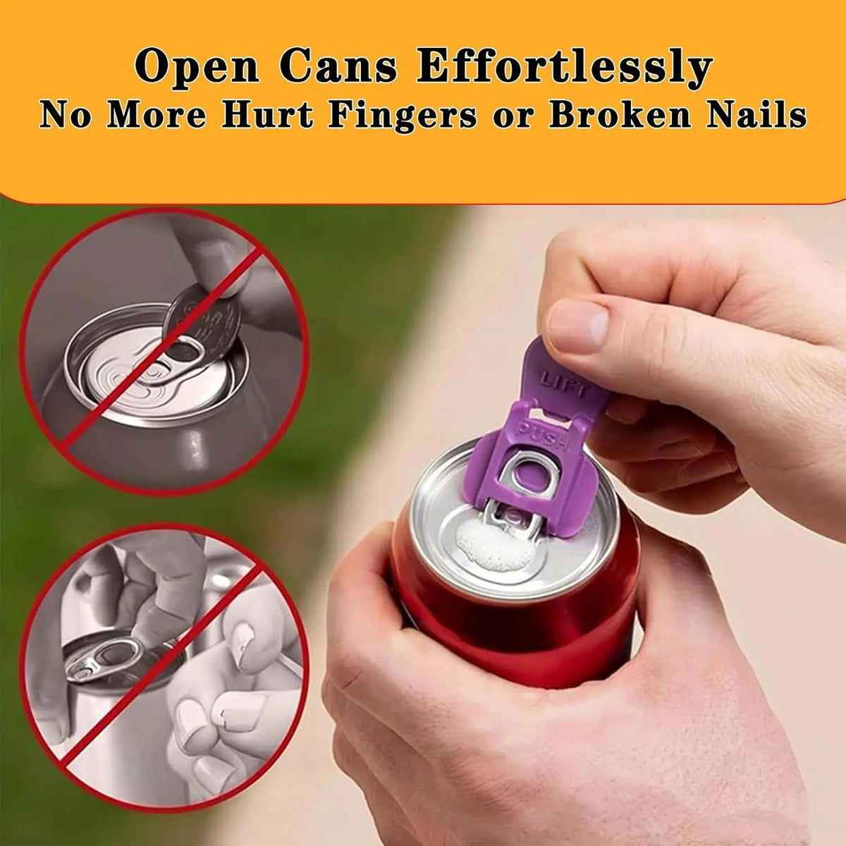 A hand opens a can using a purple portable manual can opener, demonstrating an effortless way to open cans.
