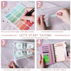 Four steps showing how to use an A6 leather cash envelope binder for budgeting and saving.