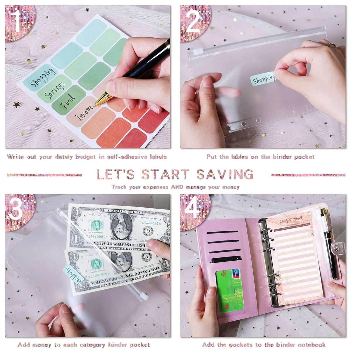 Four steps showing how to use an A6 leather cash envelope binder for budgeting and saving.
