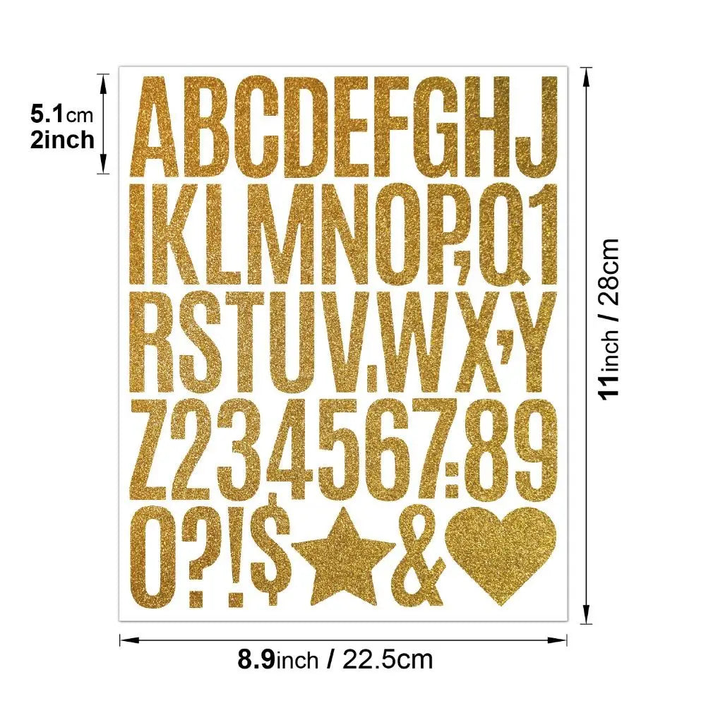 A sheet of gold glitter alphabet letter stickers showing the entire English alphabet and numbers.
