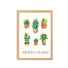 A photo frame featuring illustrations of various potted succulents and cacti on a white background.