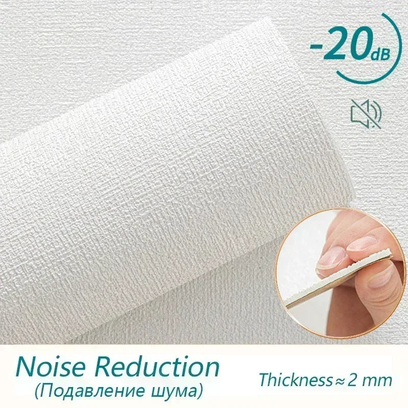 White self-adhesive 3D linen texture wallpaper panels showing noise reduction features and thickness.