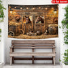 Rustic Western horse barn wall tapestry featuring wooden horses and barrels displayed on a rustic wooden bench.