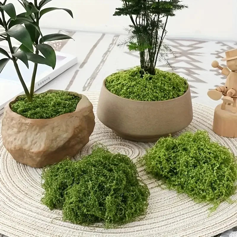 A collection of bright green artificial moss in various forms and pots for home decor