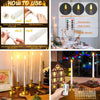 Flameless LED taper candles with remote control and timer shown next to a decorative house and various candles.
