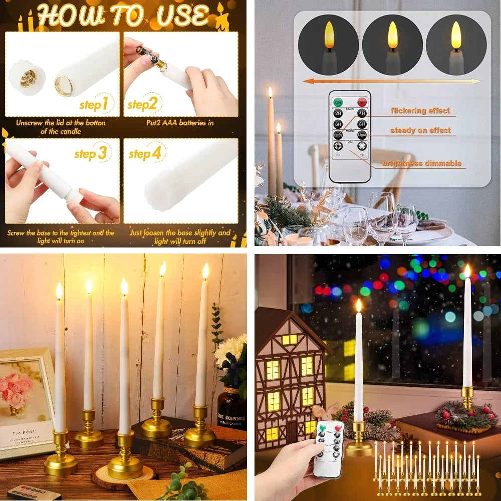 Flameless LED taper candles with remote control and timer shown next to a decorative house and various candles.