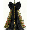 A black velvet Christmas tree bow with long black streamers decorating a green fir tree.