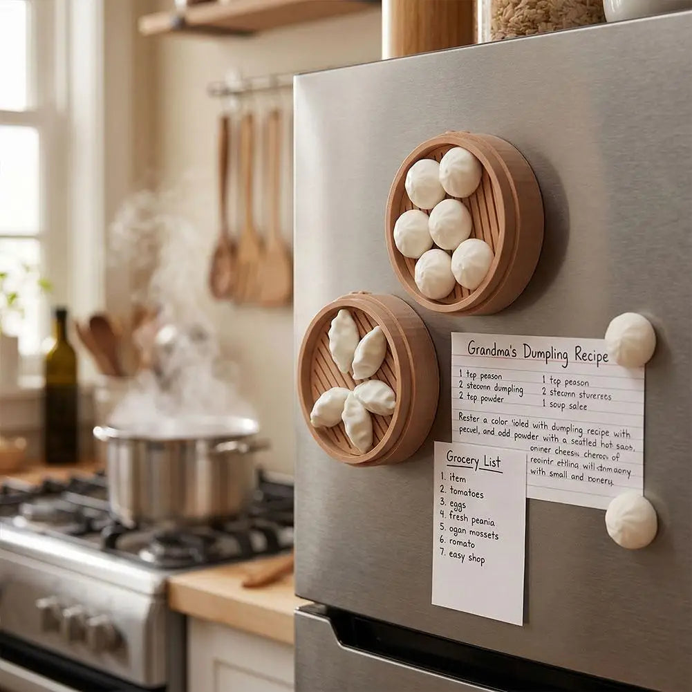 A set of realistic 3D steamer bun and dumpling fridge magnets displayed on a silver refrigerator door.