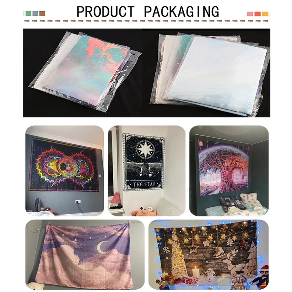 Various product packagings and examples of the Tokyo Ghoul anime wall tapestry decor.