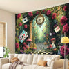 Alice in Wonderland fantasy tapestry wall hanging featuring roses and a checkered path