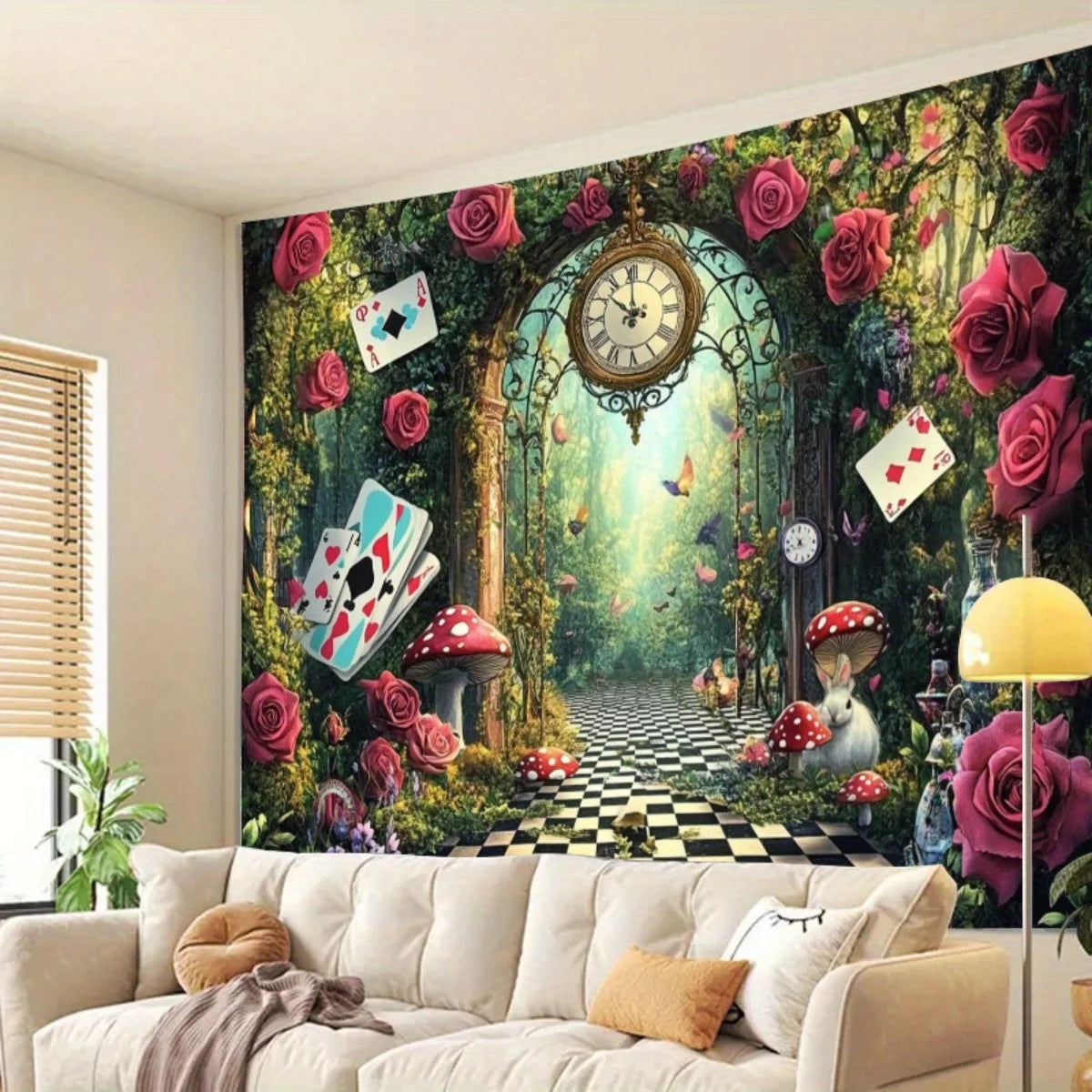 Alice in Wonderland fantasy tapestry wall hanging featuring roses and a checkered path