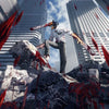 A stylized illustration of Chainsaw Man standing atop a pile of rubble with blood splatters against a city skyline.