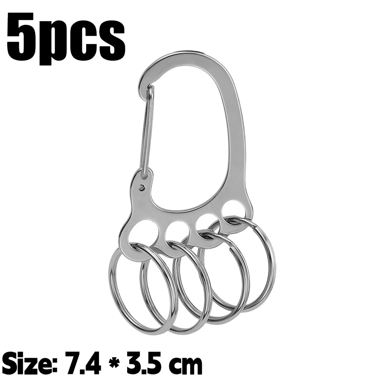 Five stainless steel keychains with multi-loop design, measuring 7.4 by 3.5 cm.