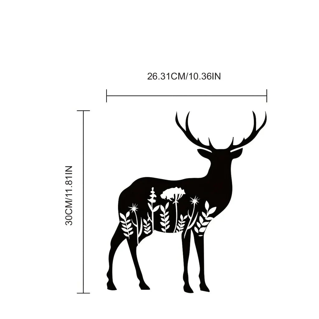 Black metal deer head wall sculpture featuring antlers and decorative foliage.