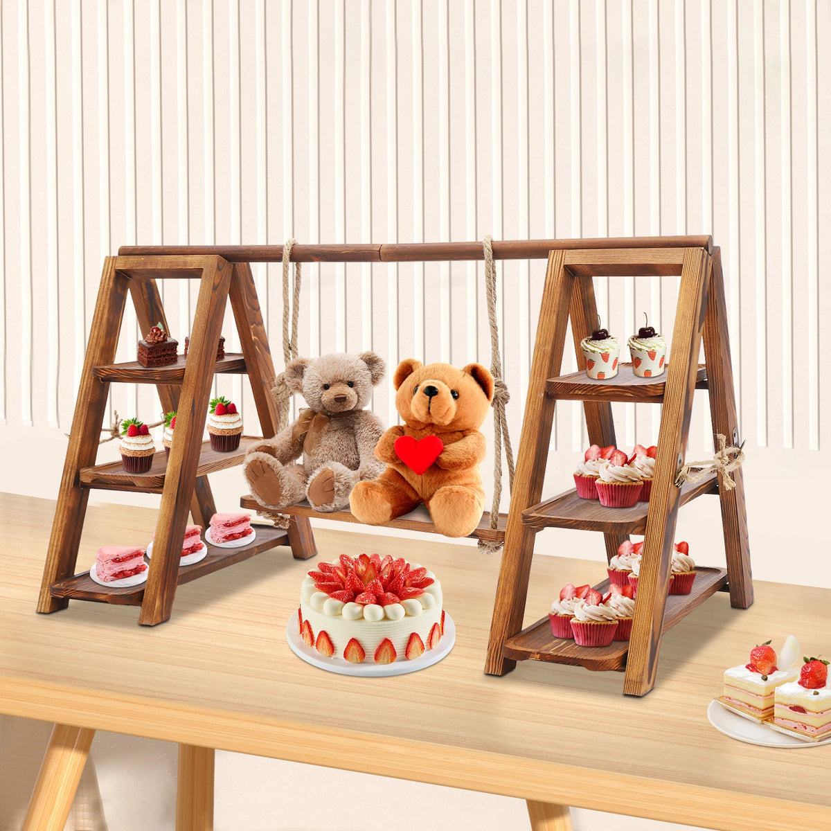 A three-tier solid wood dessert display stand featuring hanging racks for showcasing cupcakes and desserts.