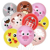 A set of colorful latex balloons shaped like various farm animals including a pig, cow, and sheep.