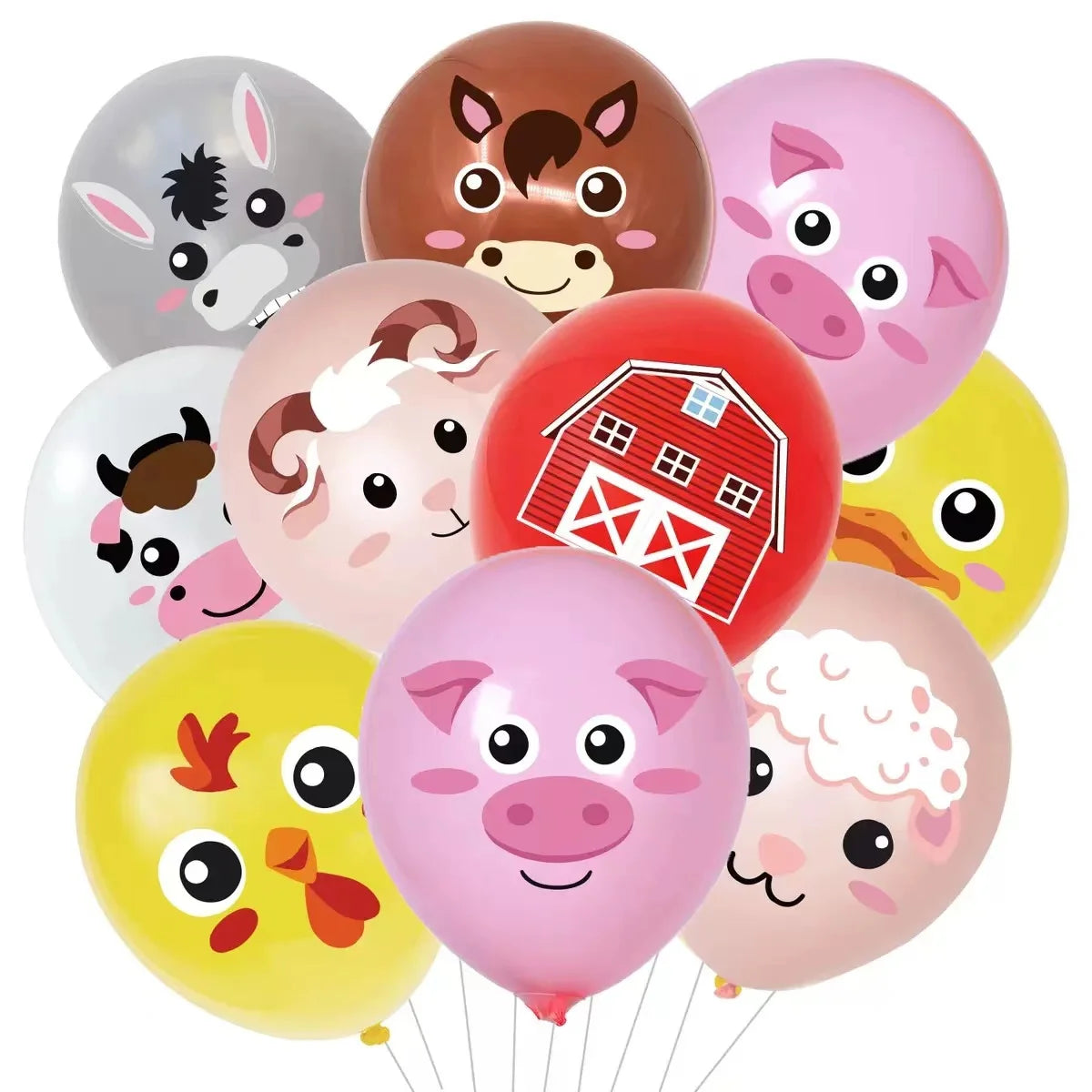A set of colorful latex balloons shaped like various farm animals including a pig, cow, and sheep.