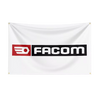 A white flag featuring the black and red FACOM logo design, mounted for display.