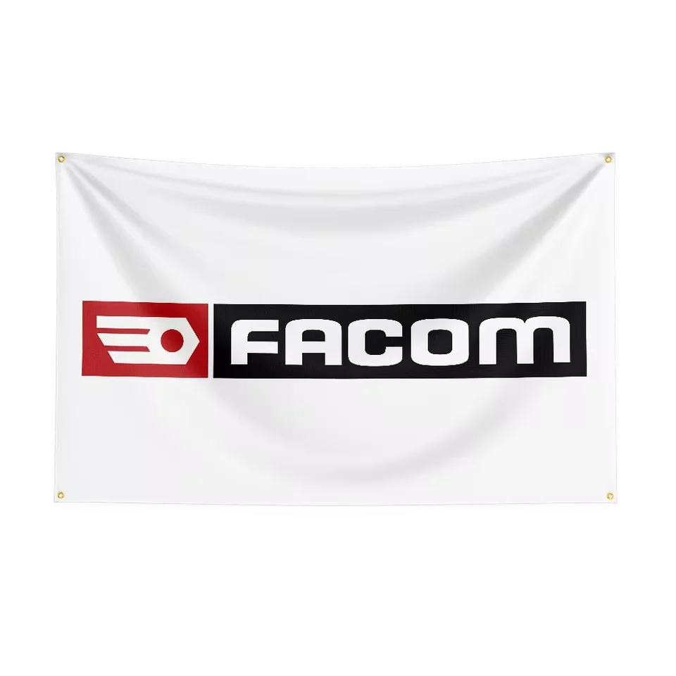 A white flag featuring the black and red FACOM logo design, mounted for display.