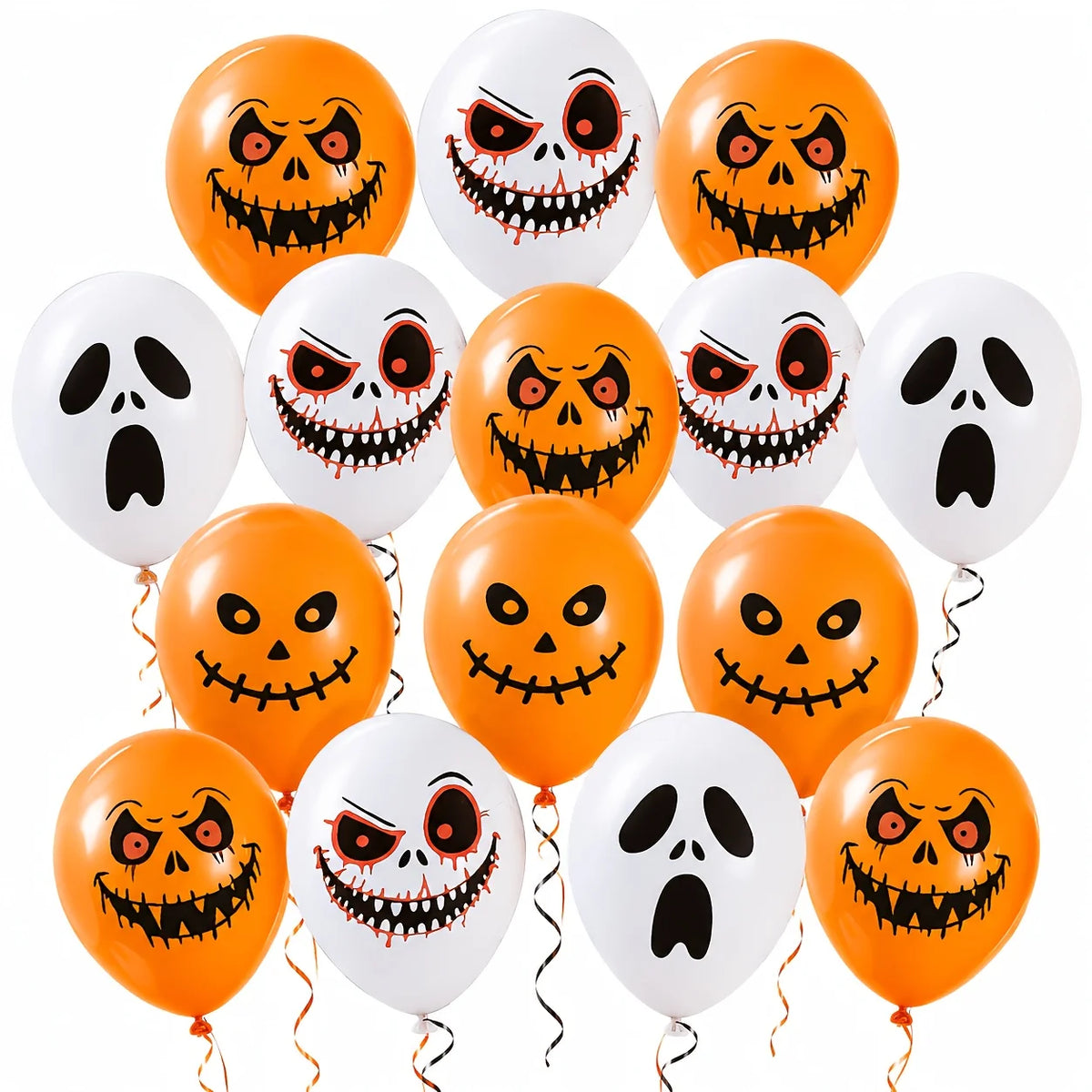 A collection of orange and white latex balloons featuring various spooky, grinning jack-o'-lantern faces.