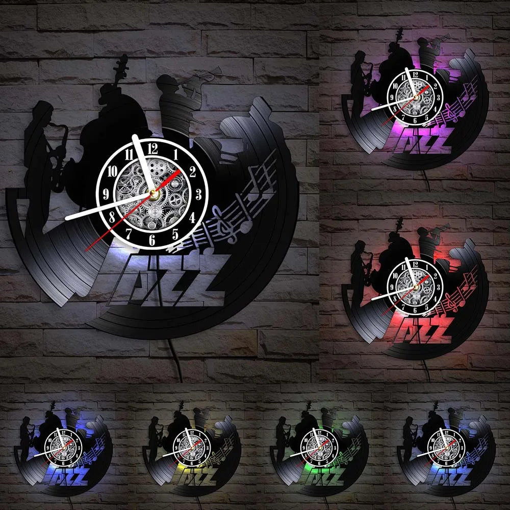 A set of vintage vinyl record wall clocks featuring silhouettes and musical notes on a distressed brick background.