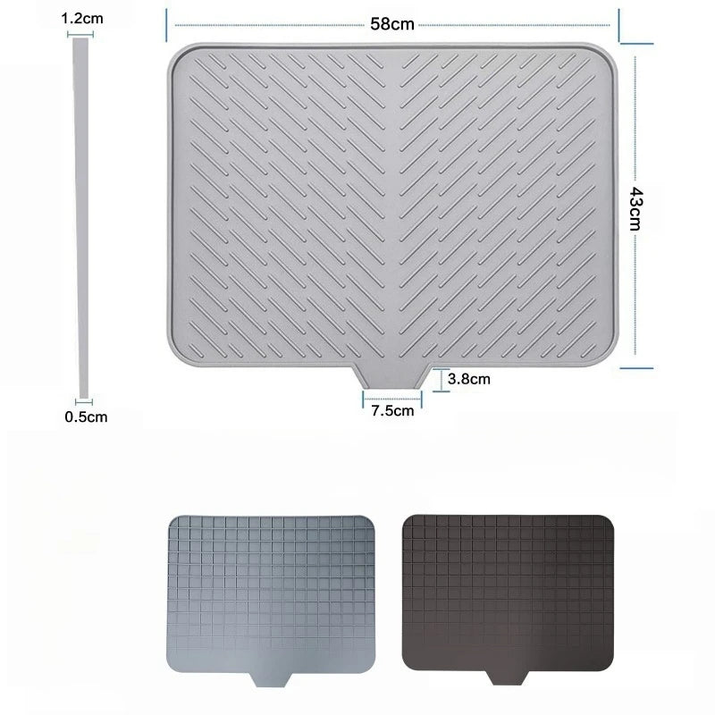 A silicone drain mat for a kitchen sink shown in light gray and dark gray colors.